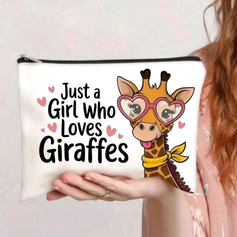 Just A Girl Who Loves Giraffes White Cosmetic Bag Giraffe Print Zip Pouch Purse